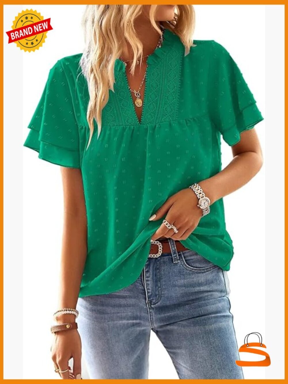 Butterfly Sleeve V Neck Swiss Dot Blouse - Dressy Casual Flowy Top - Picture 1 of 7